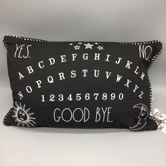 Rae Dunn Halloween Ouija Board Throw Pillow Black Embroidered Feather Fill 14x22 - Picture 1 of 9